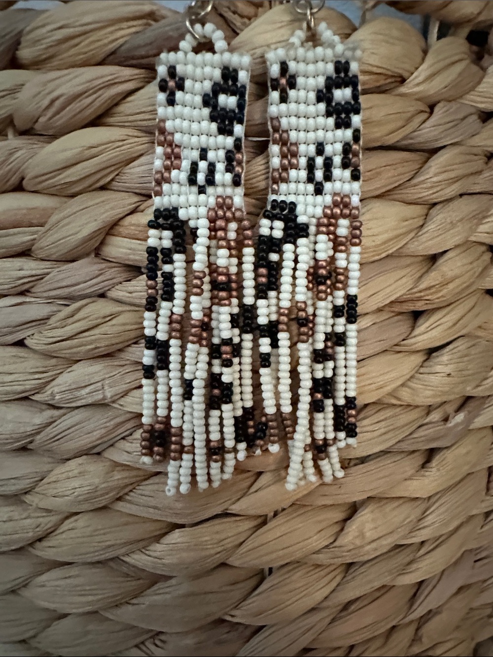 a new day Beaded Fringe cheetah print Earrings in White, Black & Brown